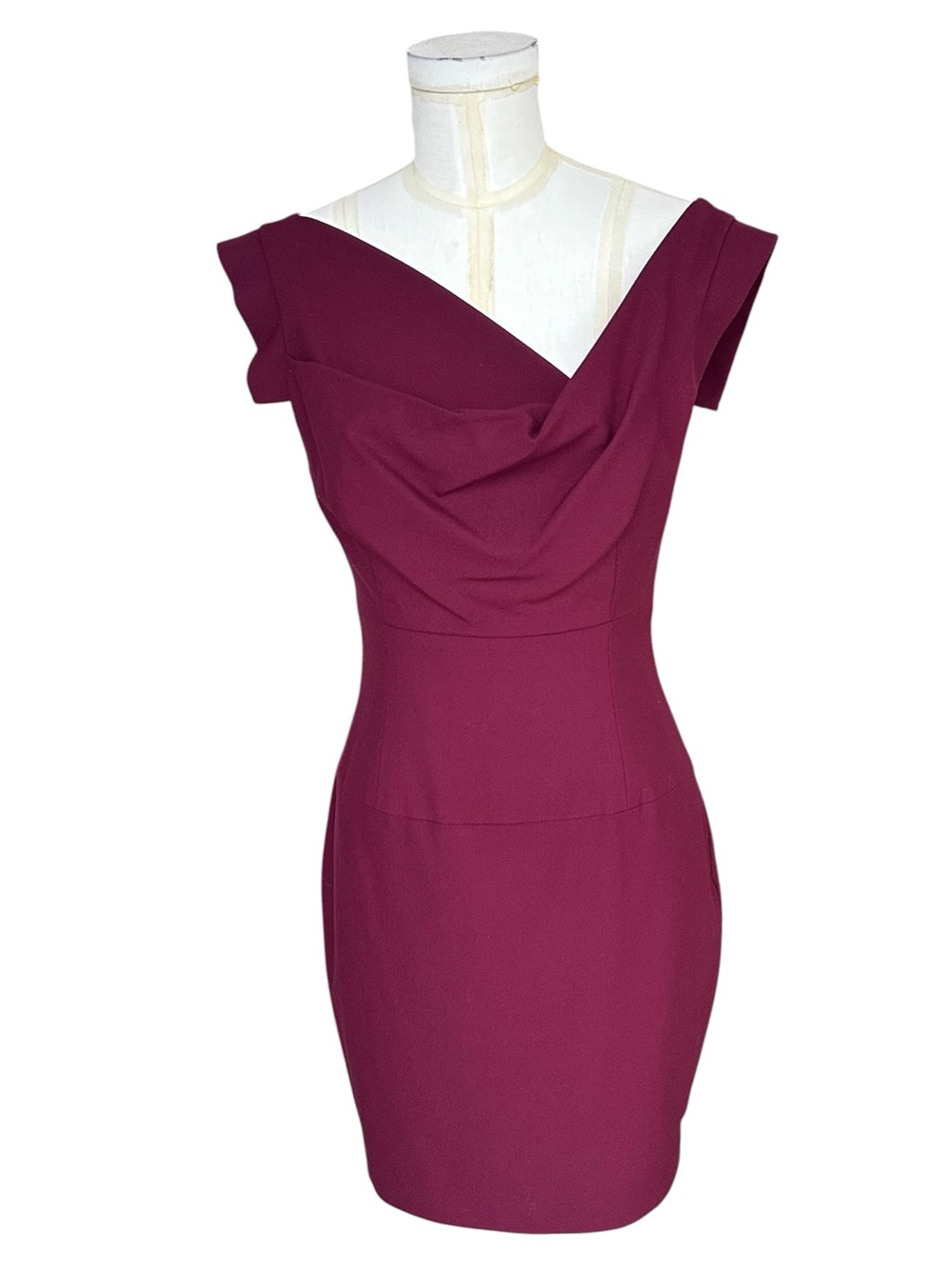 Black Halo Jackie O Draped Cowl Neck Sheath Dress Burgundy Wine Feminine Size 6